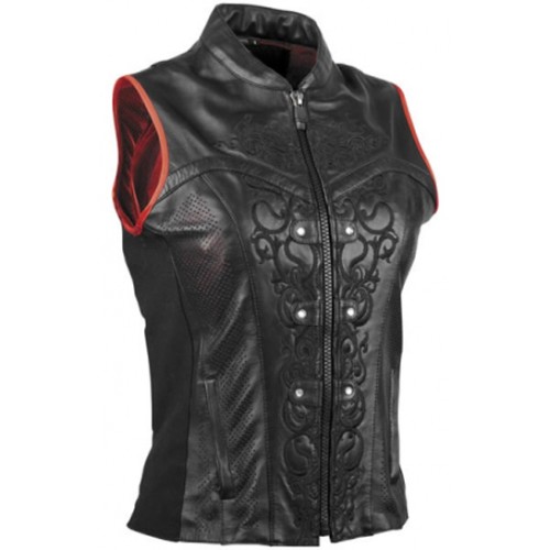 Leather Vest Floral Embroidered Black Lightweight Side Pockets