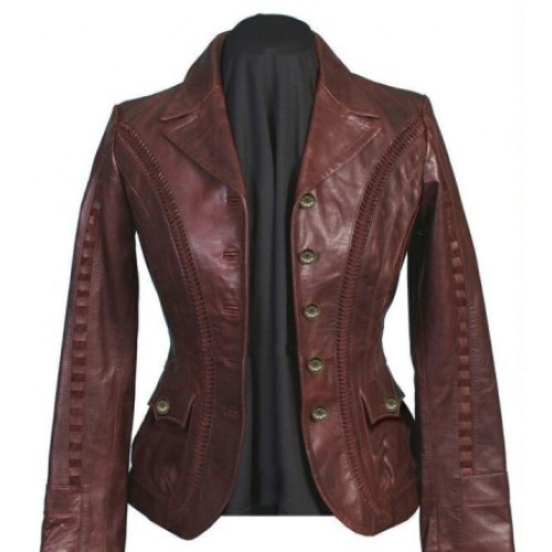 Women's Brown Vegan Leather Floral Embroidered Jacket